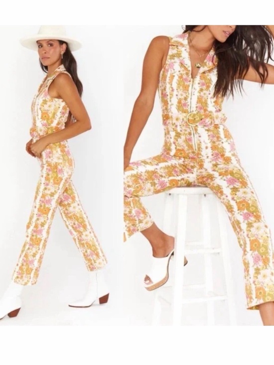 Show Me Your MuMu Pants - Show Me Your MuMu Floral Zip Front Sleeveless Jumpsuit in Pink & Gold